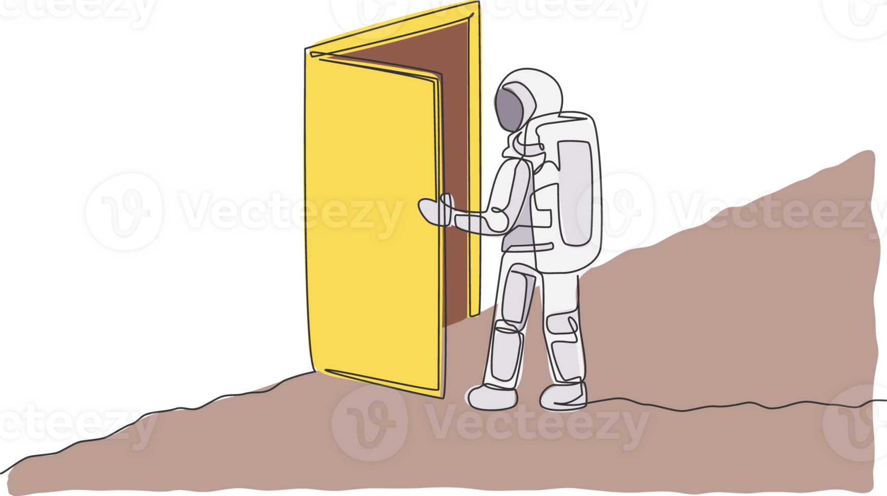 Single continuous line drawing of astronaut entering open door gate into new dimension in moon surface. Cosmonaut outer space concept. Trendy one line draw design illustration graphic png