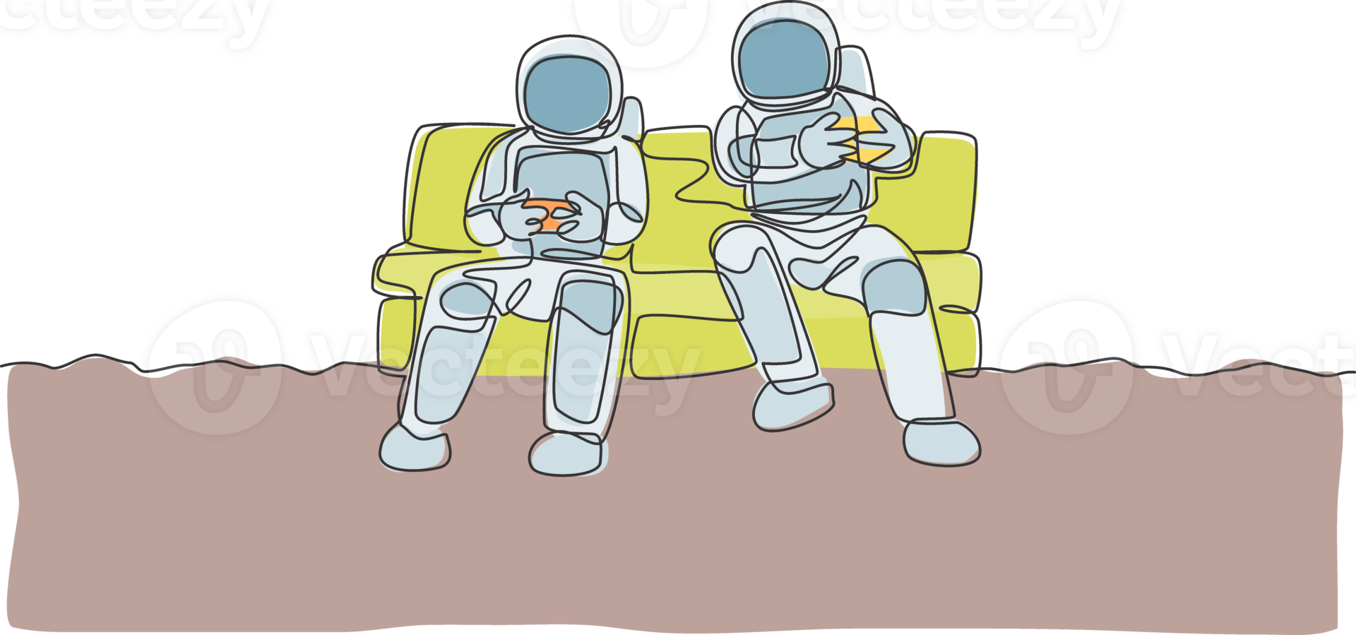 One single line drawing two young happy astronauts siting on sofa and playing video game in moon surface graphic illustration. Cosmonaut outer space concept. Modern continuous line draw design png