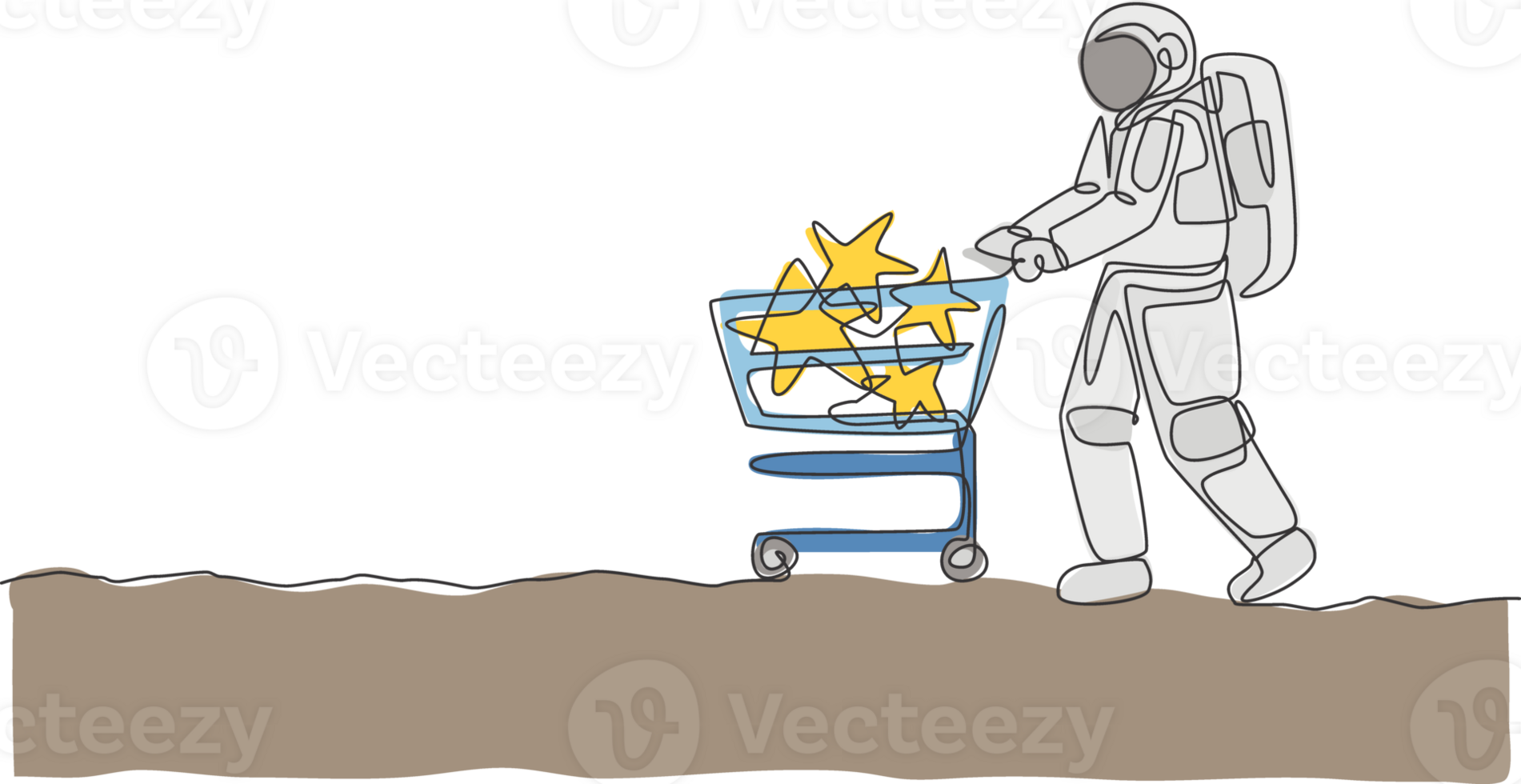 One continuous line drawing of young astronaut pushing trolley with stars inside and buying toy in supermarket. Cosmic galaxy space concept. Dynamic single line draw design graphic illustration png