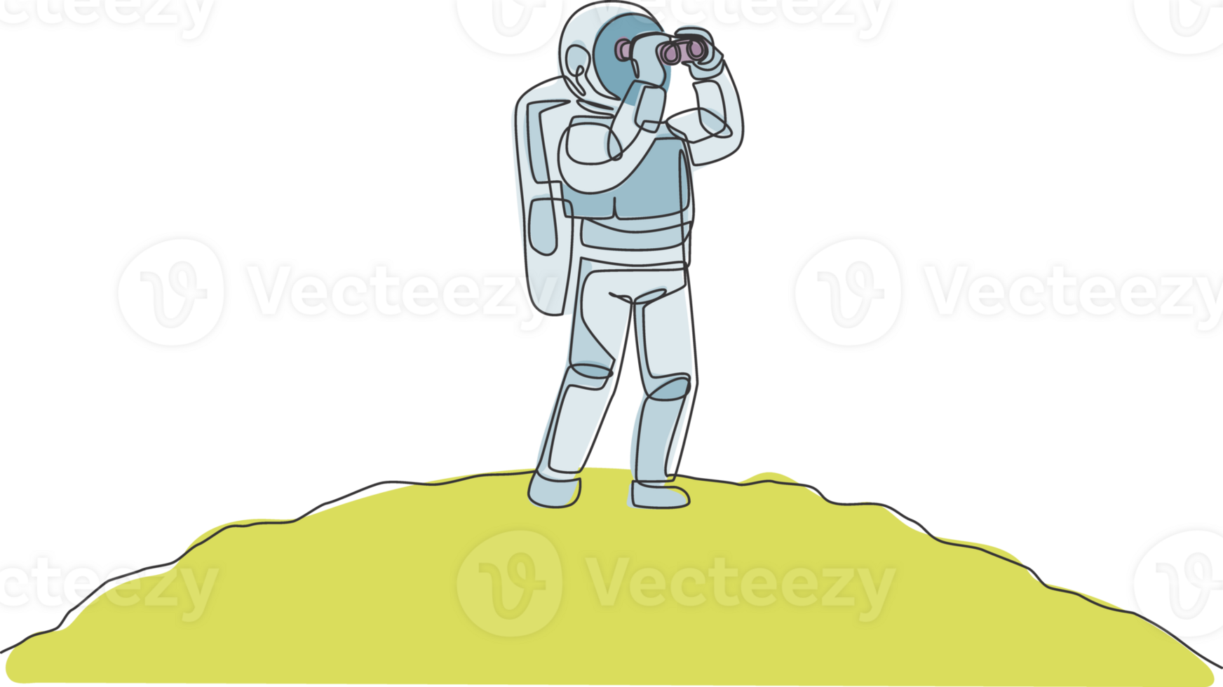 1 solteiro linha desenhando do jovem feliz astronauta desfrutando para Vejo cenário usando binocular dentro lua superfície gráfico ilustração. cosmonauta exterior espaço conceito. moderno contínuo linha desenhar Projeto png