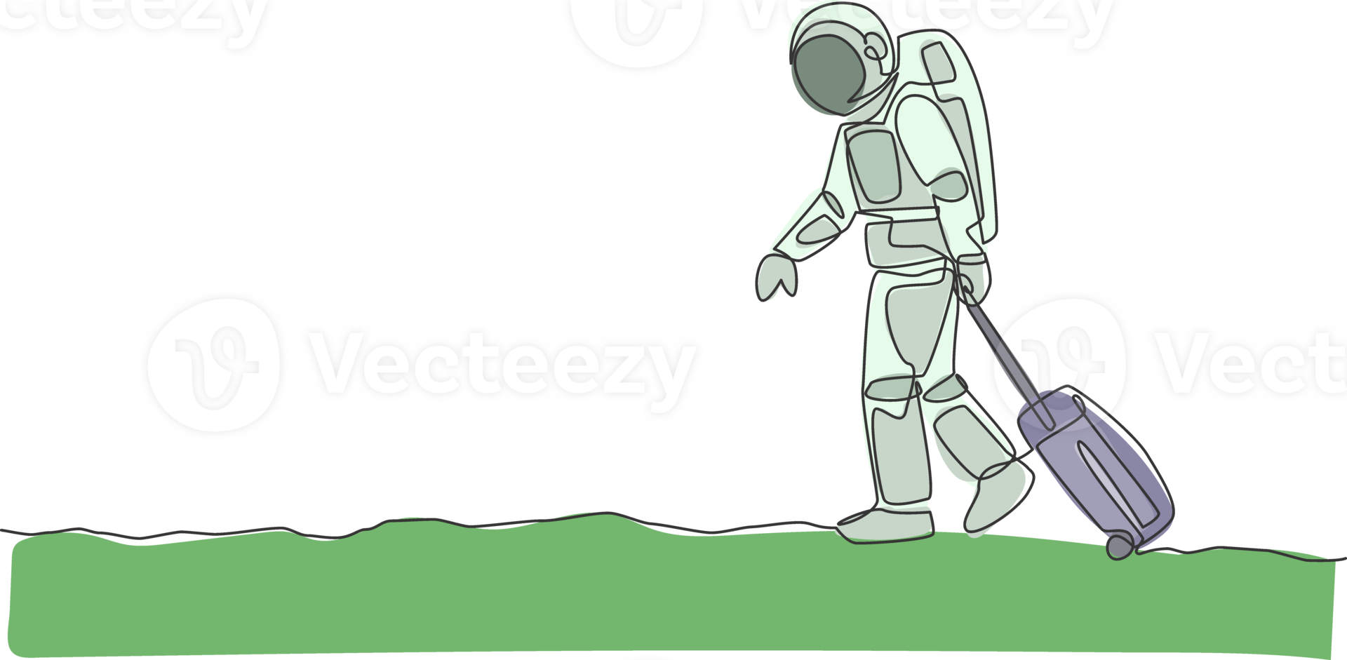Single kontinuierlich Linie Zeichnung jung Astronaut ziehen Koffer während Gehen aus von Flughafen im Mond Oberfläche. Raum Mann kosmisch Galaxis Konzept. modisch einer Linie zeichnen Design Grafik Illustration png