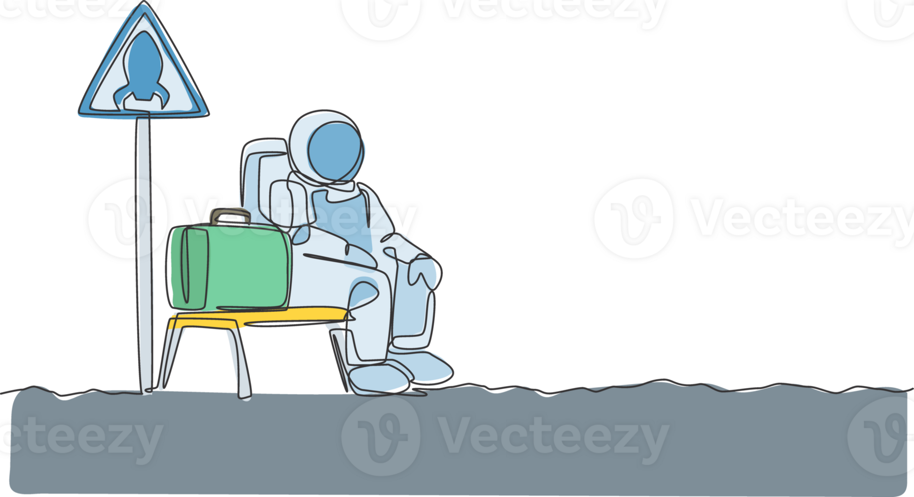 One single line drawing of young happy astronaut siting in rocket stop chair beside rocket sign board graphic illustration. Cosmonaut outer space concept. Modern continuous line draw design png