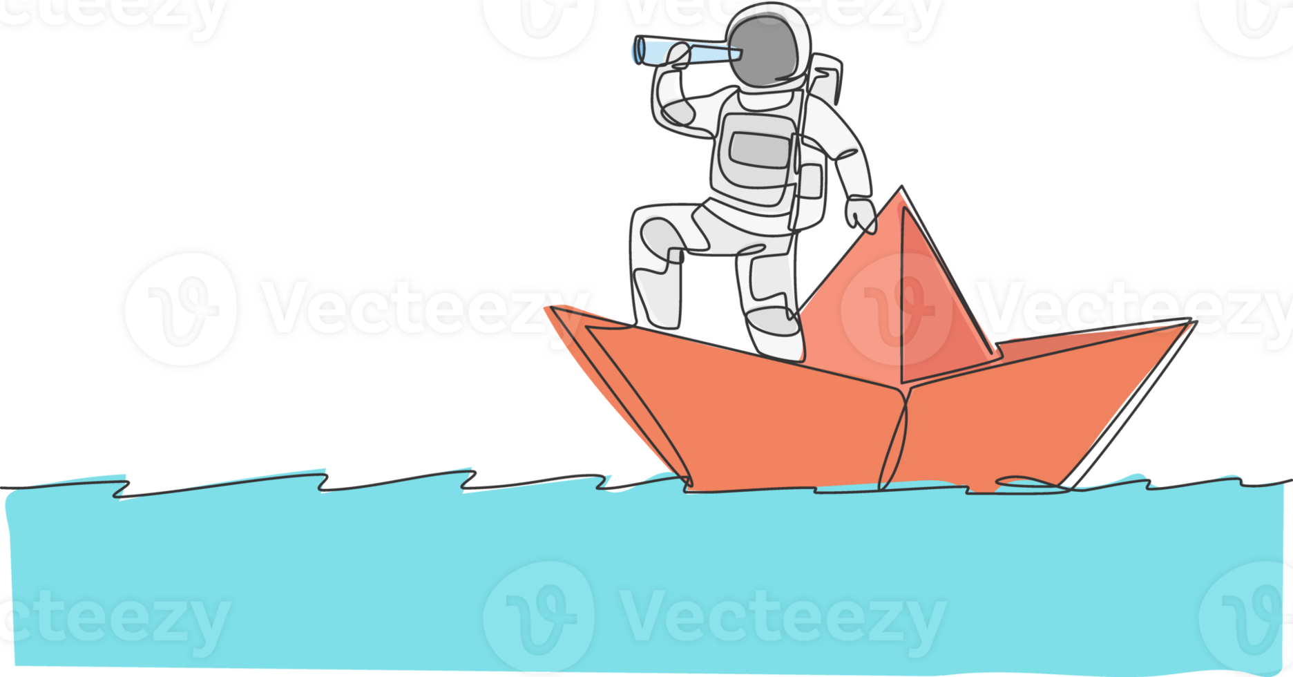 One single line drawing young astronaut look at forward using telescope while standing on paper boat in sea ocean graphic illustration. Cosmonaut deep space concept. Continuous line draw design png