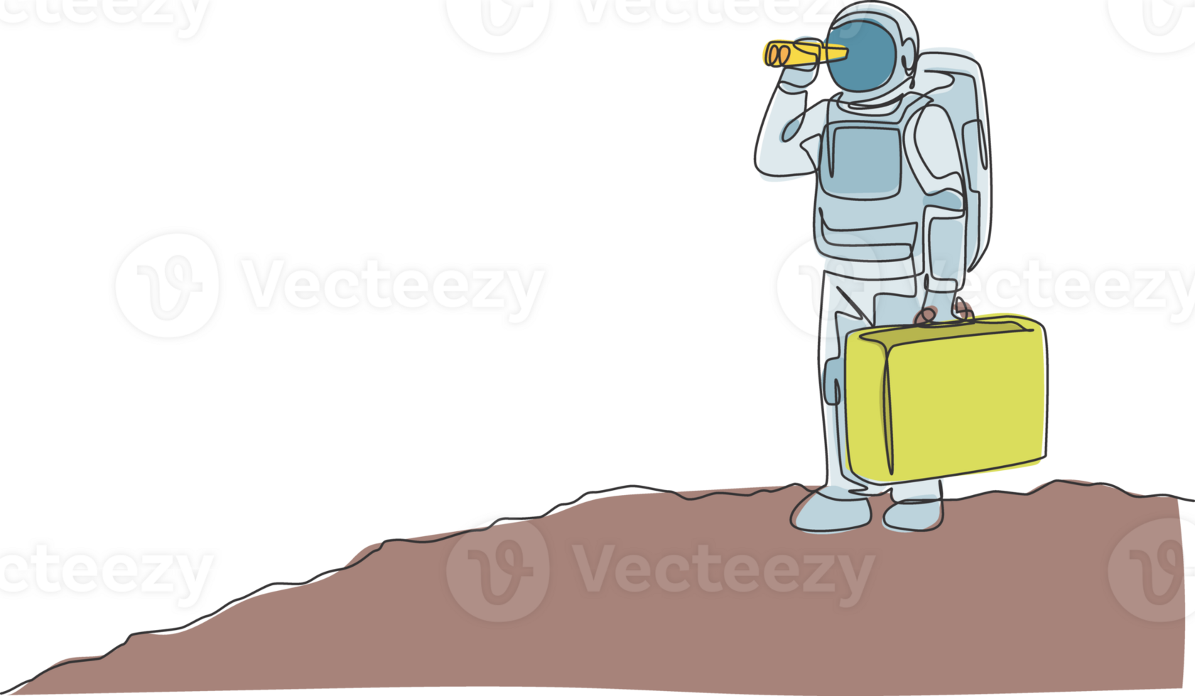 Single continuous line drawing of young astronaut holding suitcase and looking with binocular in moon surface. Space man cosmic galaxy concept. Trendy one line draw design graphic illustration png