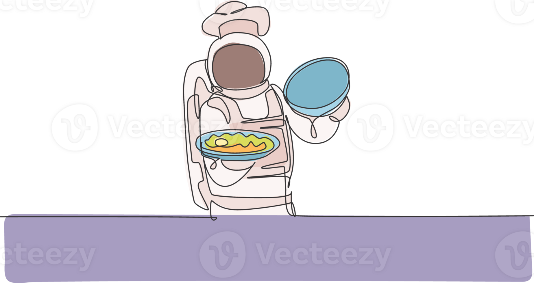 One continuous line drawing of young astronaut chef opening food cloche tray with delicious dish. Healthy cuisine food menu on restaurant concept. Dynamic single line draw design illustration png