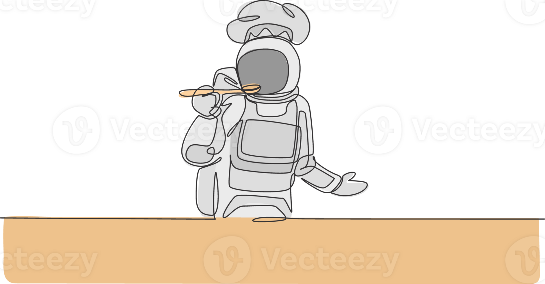 One continuous line drawing of young astronaut chef taste soup sauce while cooking dish for dinner. Healthy cuisine food menu on restaurant concept. Dynamic single line draw design illustration png