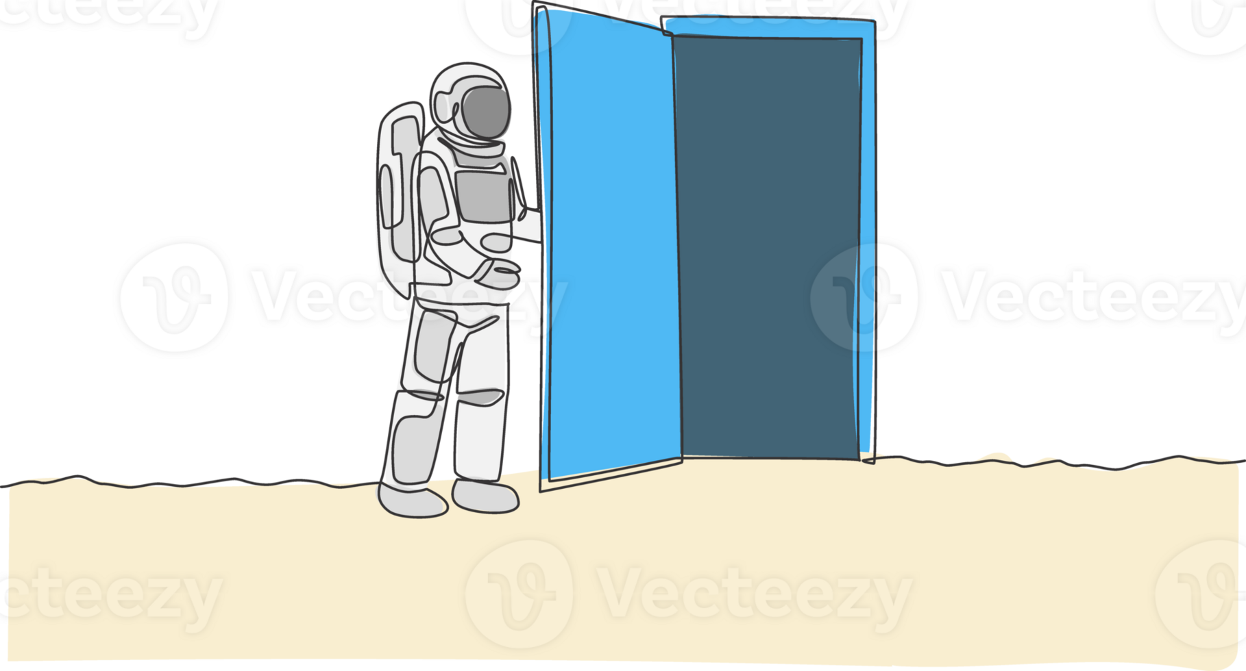 One continuous line drawing of young astronaut opening door gate into another dimension in moon surface. Cosmic galaxy space concept. Dynamic single line draw design graphic illustration png