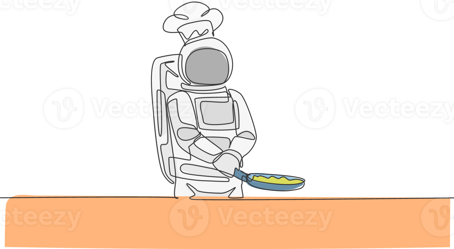 One continuous line drawing astronaut chef frying delicious dish for dinner with pan. Healthy cuisine food menu on space restaurant concept. Dynamic single line draw graphic design illustration png