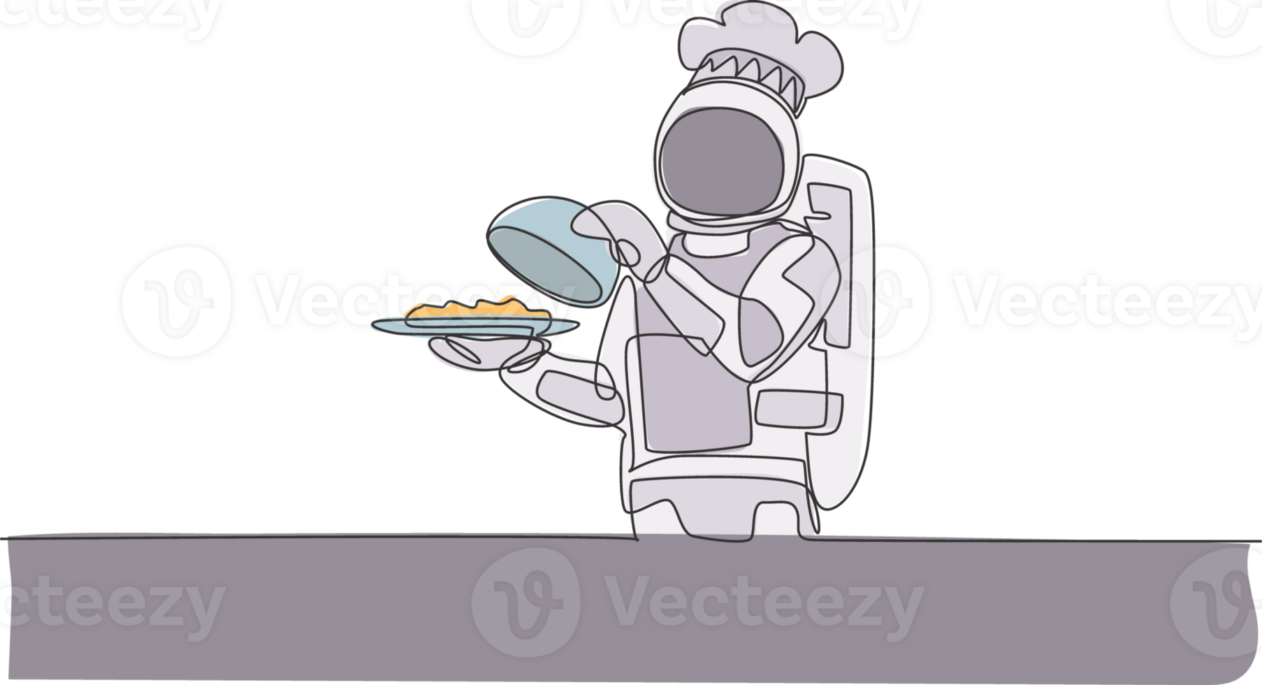 Single continuous line drawing astronaut chef serving delicious food while opening metal food cloche tray. Healthy restaurant cuisine concept. Trendy one line graphic draw design illustration png