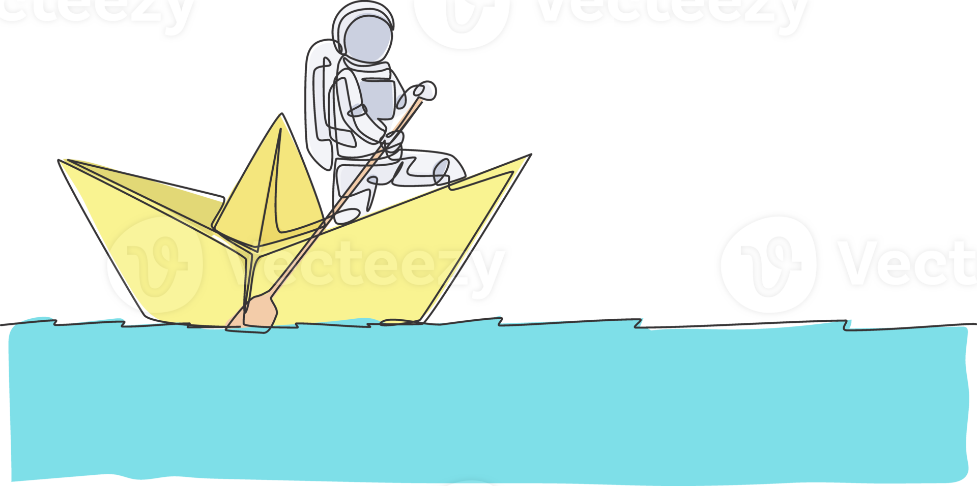 One continuous line drawing of young astronaut sailor rowing paper boat in sea ocean. Cosmic galaxy space concept. Dynamic single line draw design graphic illustration png