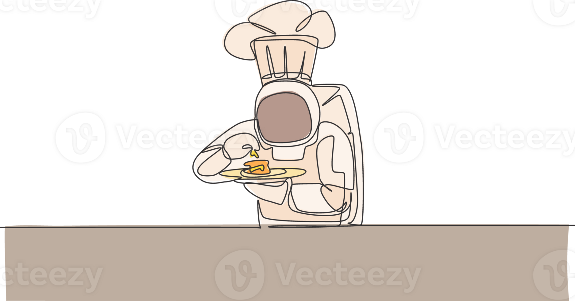 Single continuous line drawing of astronaut tasting delicious food before serving to customer in outer space cafe. Healthy restaurant cuisine concept. Trendy one line draw design illustration png