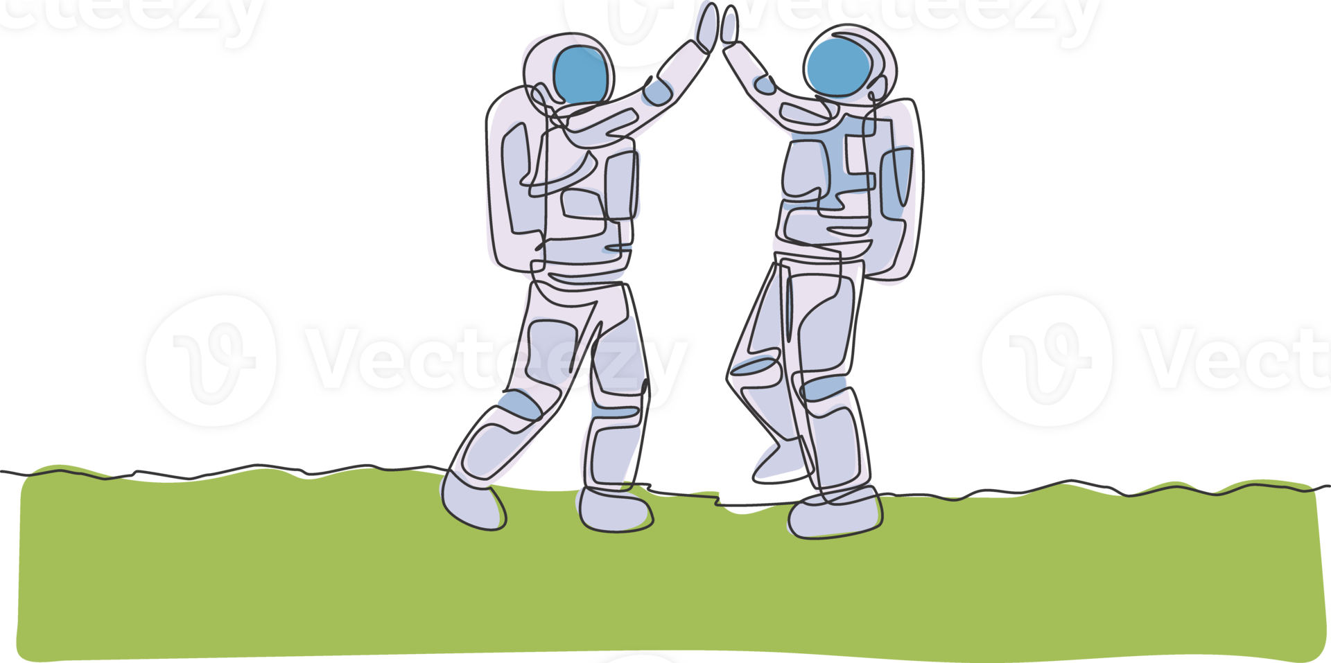 Single continuous line drawing of two young astronauts giving high five gesture to celebrate a success in moon surface. Space man cosmic galaxy concept. Trendy one line draw design illustration png
