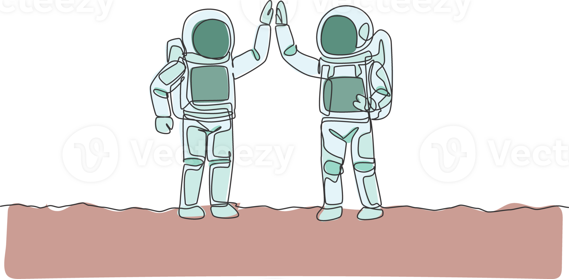 One continuous line drawing of two young happy astronauts giving high five gesture to celebrate teamwork in moon surface. Spaceman concept. Dynamic single line draw design graphic illustration png