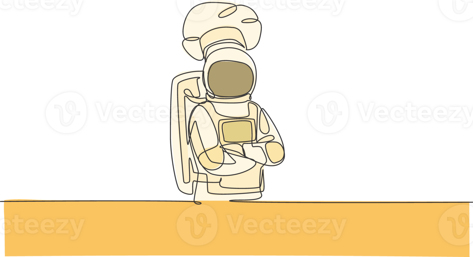 Single continuous line drawing of young astronaut chef crossing her hands cross the chest, pose in outer space cafe. Healthy restaurant cuisine concept. Trendy one line draw design illustration png