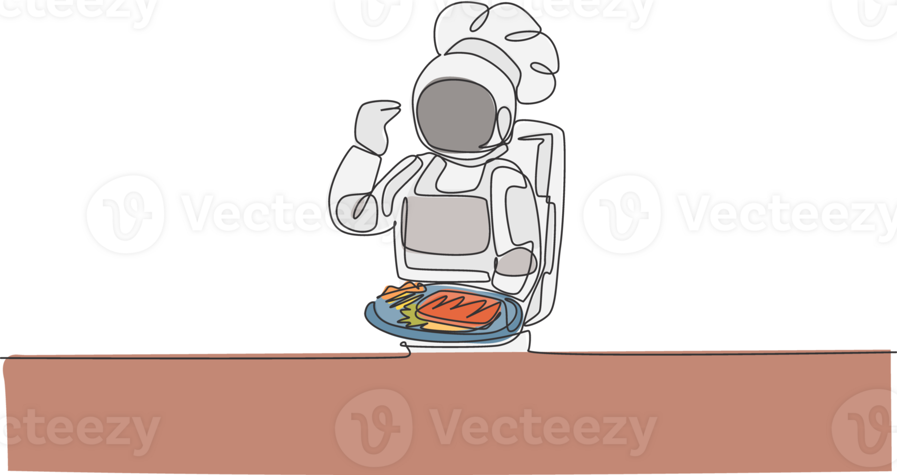 Single continuous line drawing of astronaut chef serving delicious steak food in outer space cafe. Healthy restaurant cuisine concept. Trendy one line draw design graphic illustration png