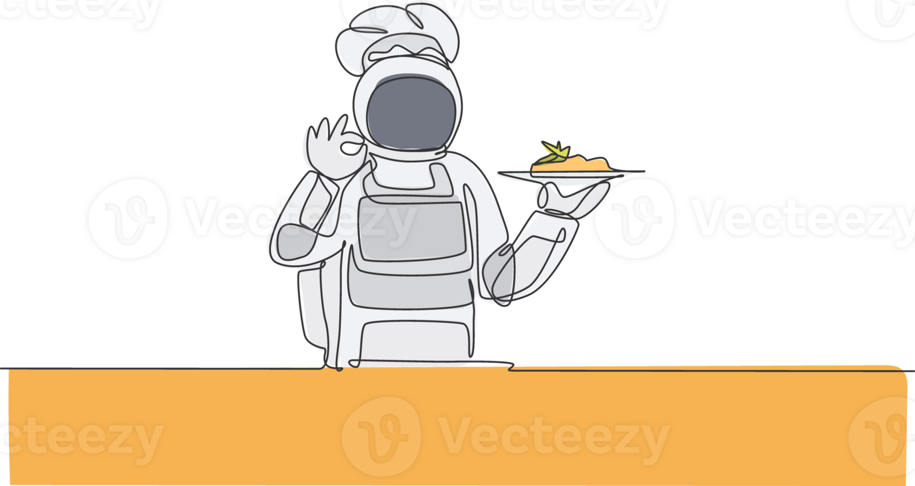 One single line drawing of young astronaut giving okay hand gesture for tasty food, cafe restaurant illustration. Delicious space galaxy dish concept. Modern continuous line draw graphic design png