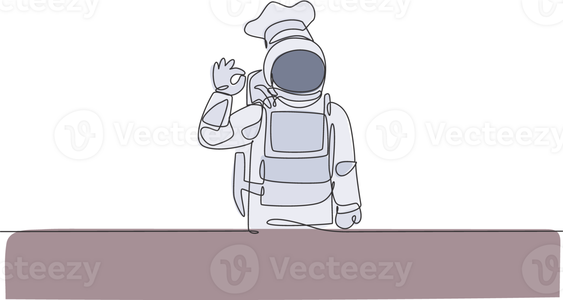 One single line drawing of young astronaut chef giving okay taste gesture for delicious food illustration. Delicious space galaxy dish concept. Modern continuous line draw design graphic png