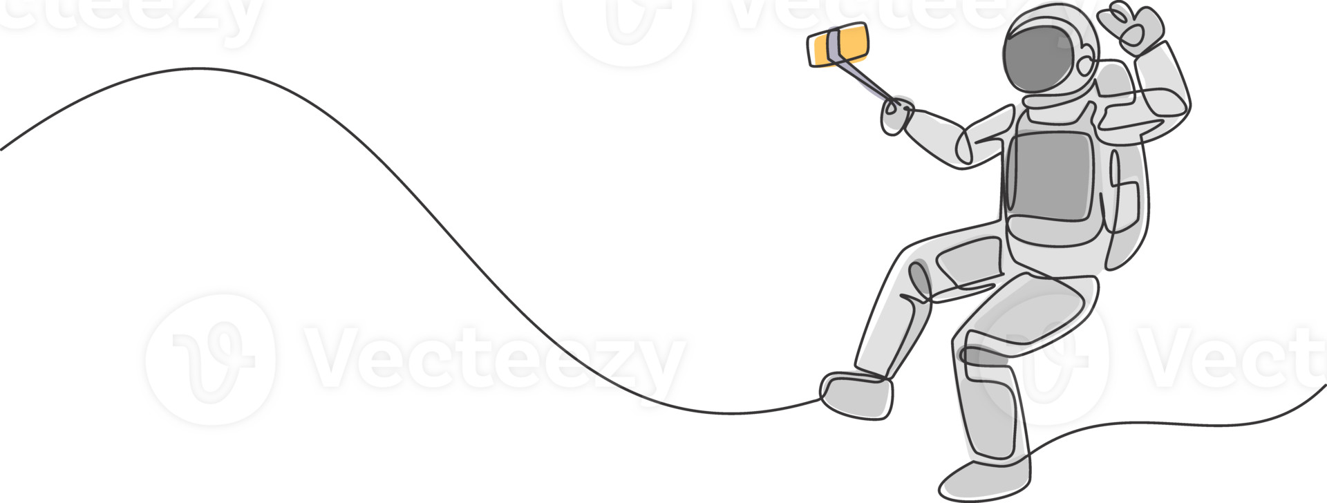 Single continuous line drawing of young astronaut doing selfie shoot while floating in outer space. Space man cosmic galaxy concept. Trendy one line draw graphic design illustration png