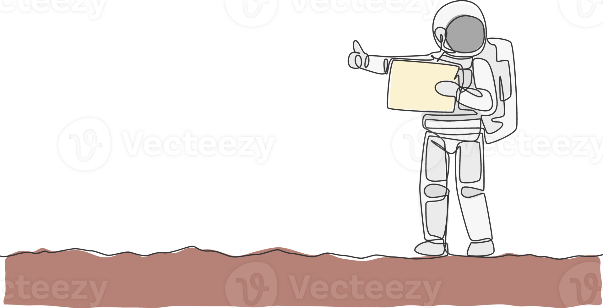 One single line drawing of astronaut hitchhiker holding paper board and wait at side of the road in moon surface illustration. Cosmonaut deep space concept. Modern continuous line draw design png