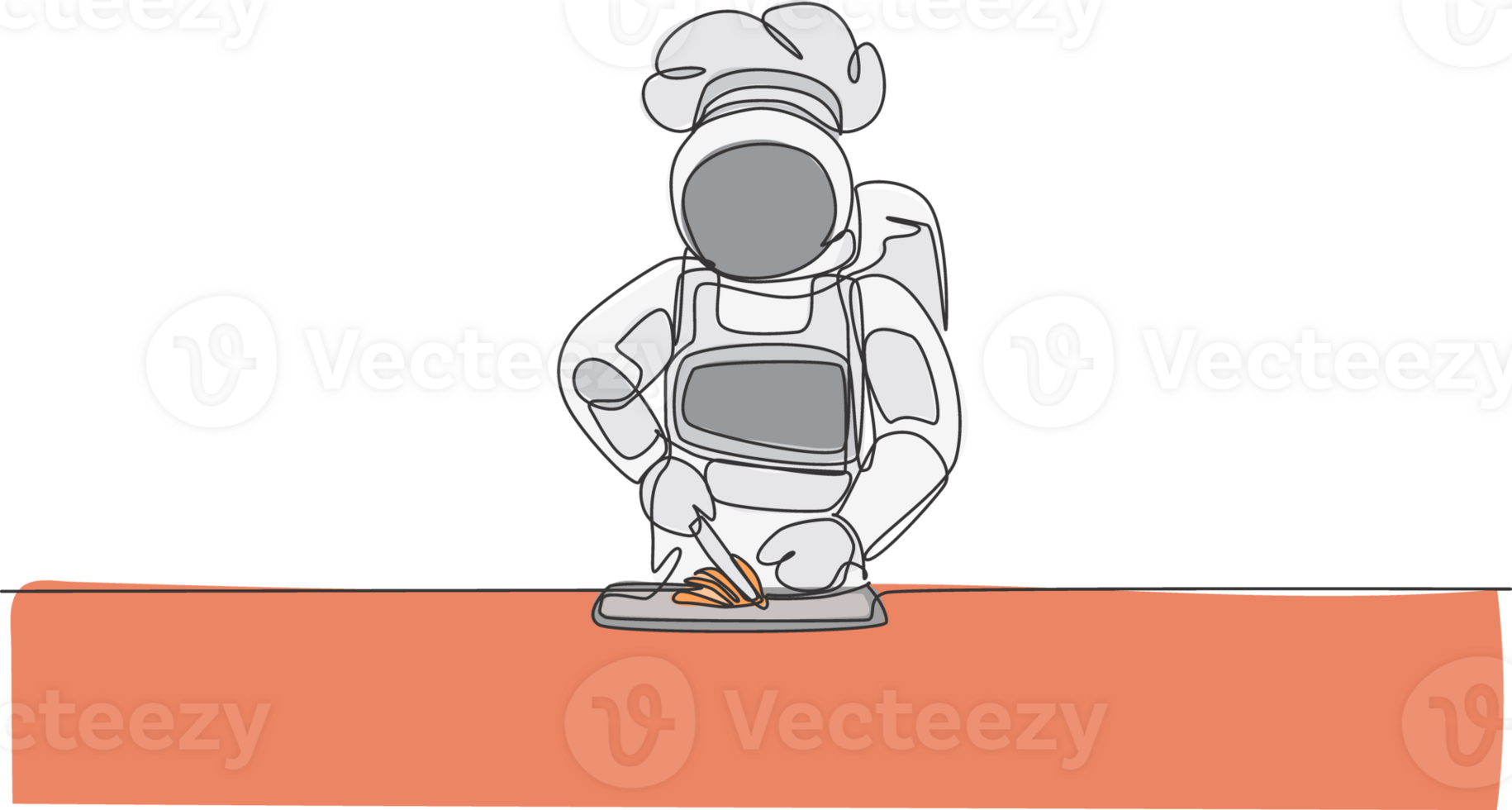 One continuous line drawing of astronaut chef cutting food material to cook delicious dish for dinner. Healthy cuisine menu on restaurant concept. Dynamic single line draw design illustration png