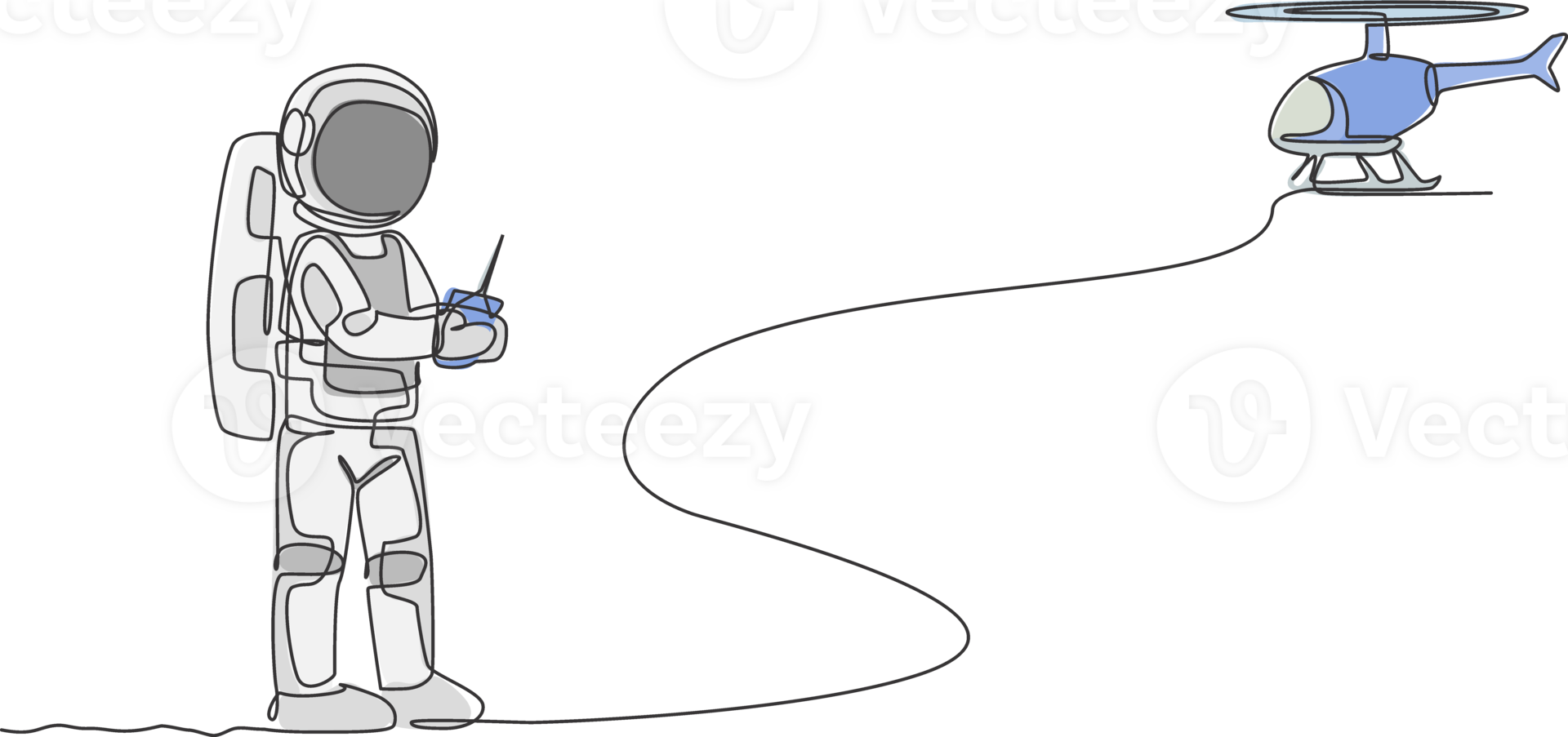 Single continuous line drawing of astronaut playing helicopter radio control in moon surface. Having fun in leisure time on outer space concept. Trendy one line draw design illustration graphic png