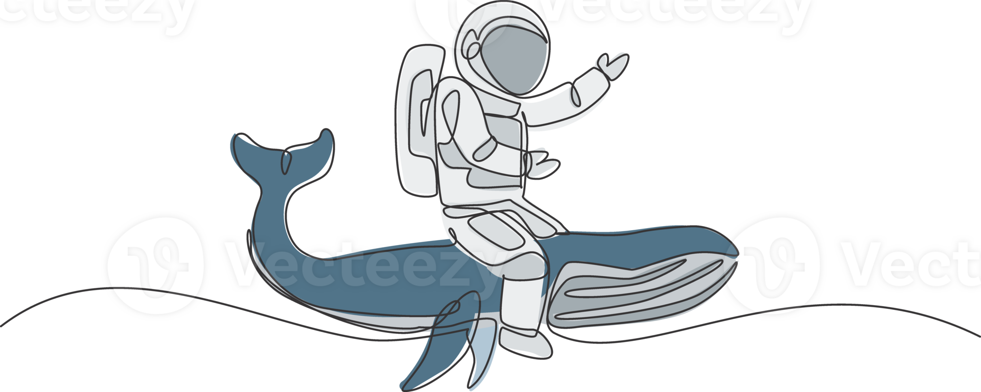 One continuous line drawing of spaceman take a walk riding a blue whale, giant mammal animal in galaxy nebula. Deep space journey concept. Dynamic single line draw design illustration graphic png