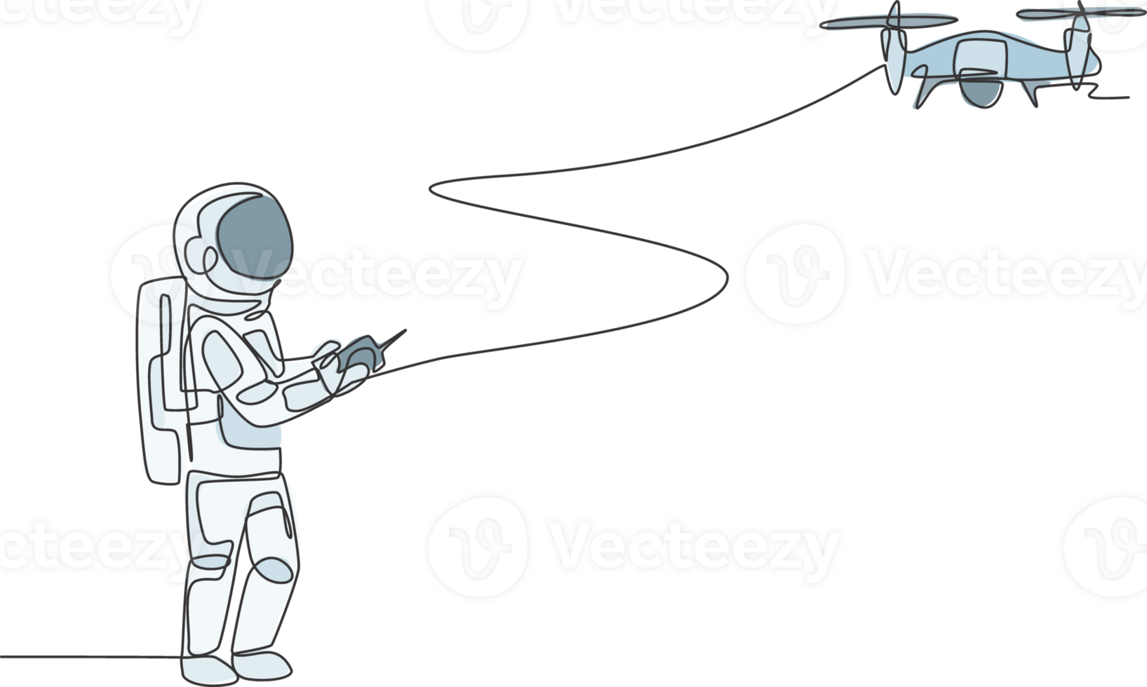 Single continuous line drawing astronaut playing drone plane radio control in moon surface. Having fun in leisure time on outer space concept. Trendy one line graphic draw design illustration png