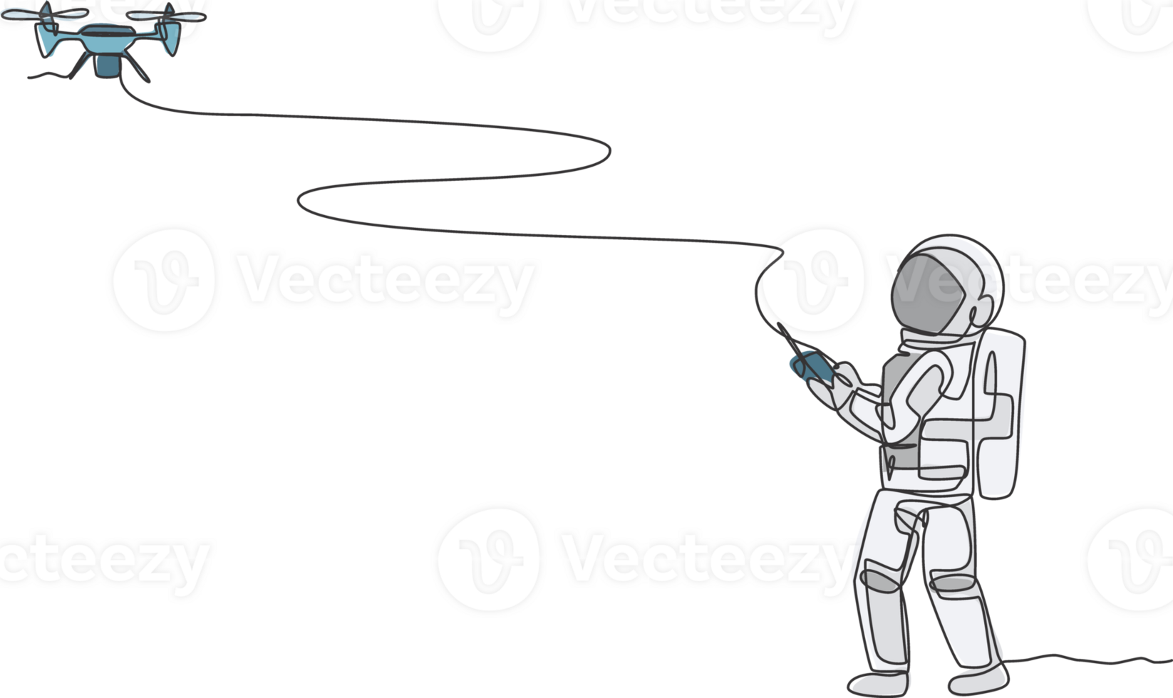 One continuous line drawing of astronaut playing drone plane radio control in moon cosmic galaxy. Outer space hobby and lifestyle concept. Dynamic single line draw design graphic illustration png