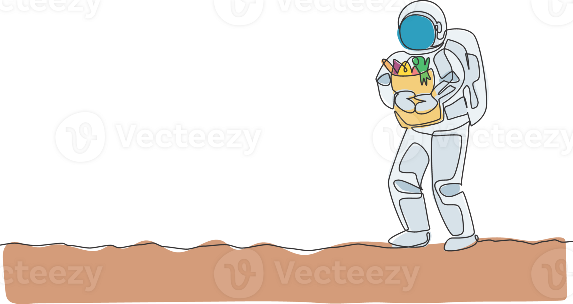 Single continuous line drawing of cosmonaut bring paper bag full of groceries on chest in moon surface. Galaxy astronaut farming life concept. Trendy one line draw graphic design illustration png