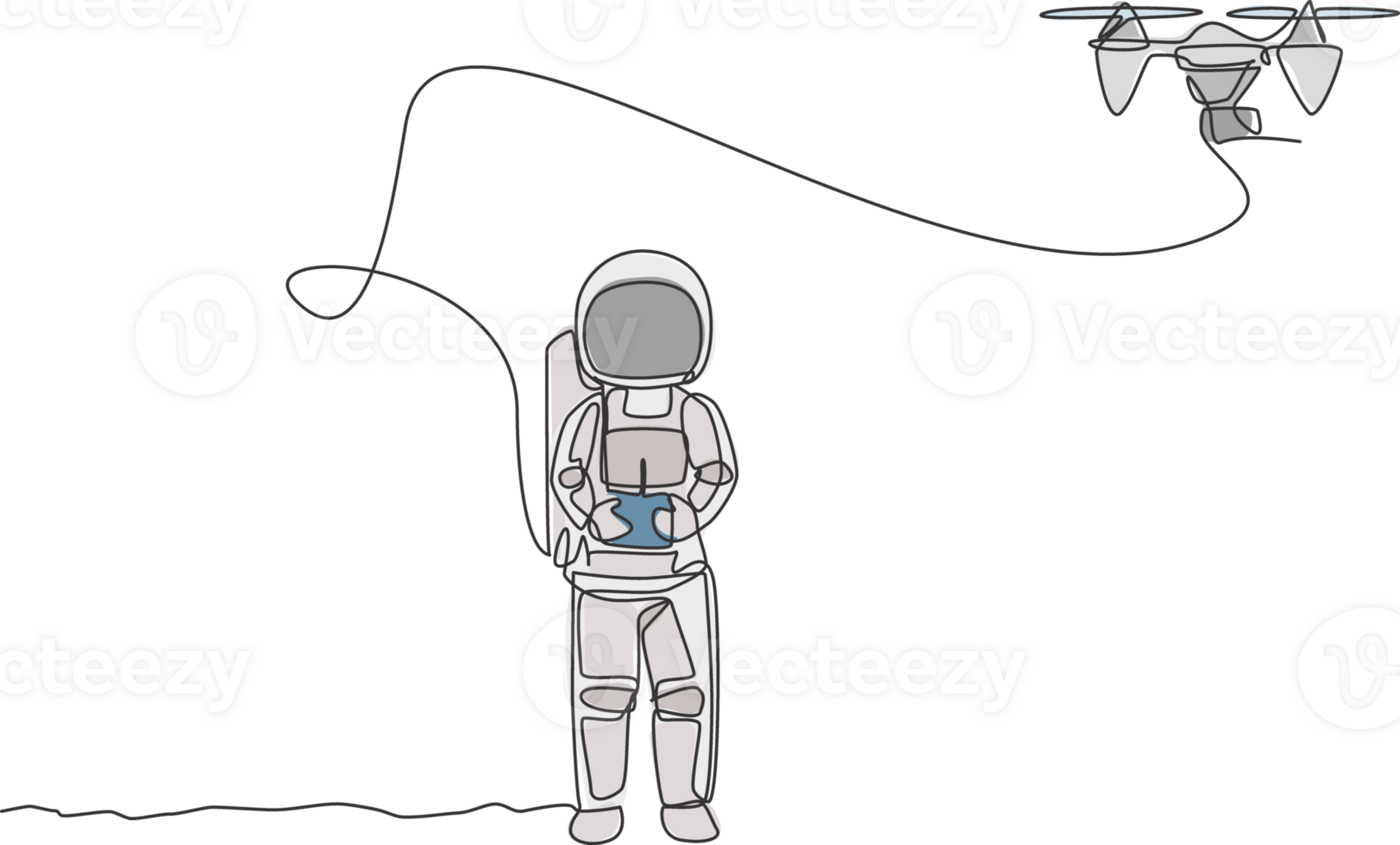 One single line drawing astronaut playing drone plane radio control in moon land graphic illustration. Doing hobby while leisure time in deep space concept. Modern continuous line draw design png