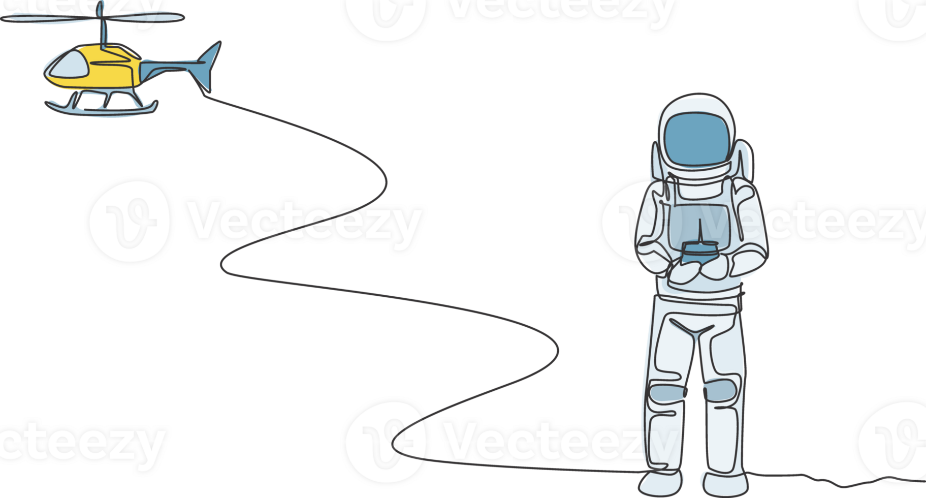 Single continuous line drawing of astronaut playing helicopter radio control in moon surface. Having fun in leisure time on outer space concept. Trendy one line draw design graphic illustration png