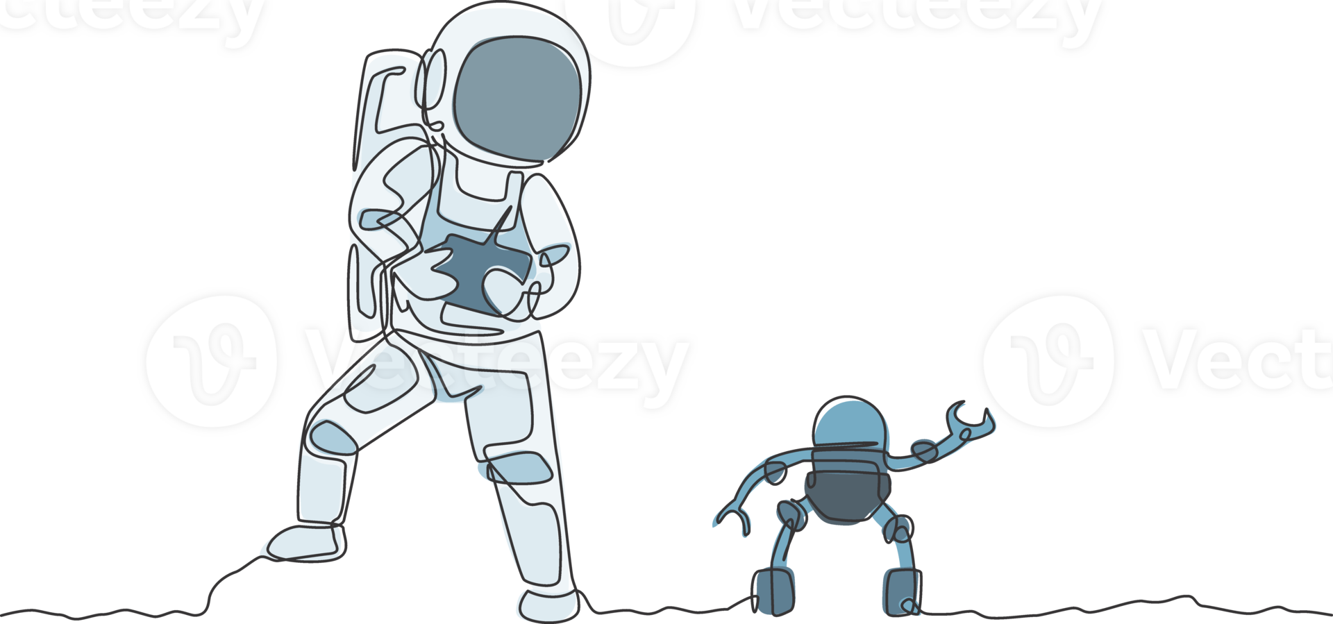 Single continuous line drawing of astronaut playing robot radio control in moon surface. Having fun in leisure time on outer space concept. Trendy one line draw graphic design illustration png
