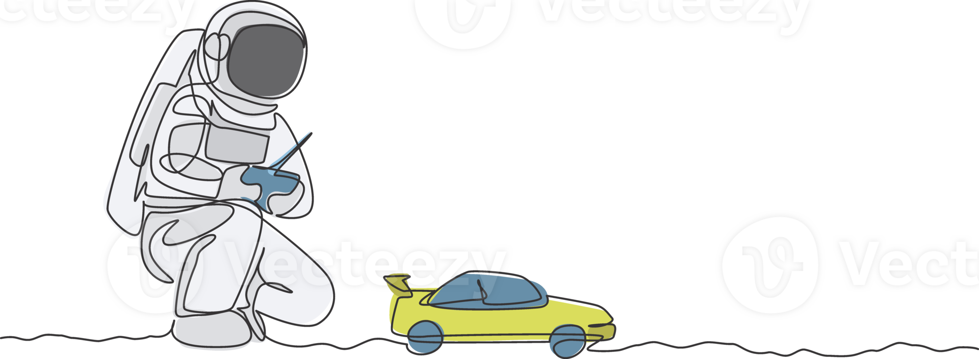 uno singolo linea disegno di astronauta giocando gara auto Radio controllo nel Luna terra illustrazione grafico. fare passatempo mentre tempo libero tempo nel in profondità spazio concetto. moderno continuo linea disegnare design png