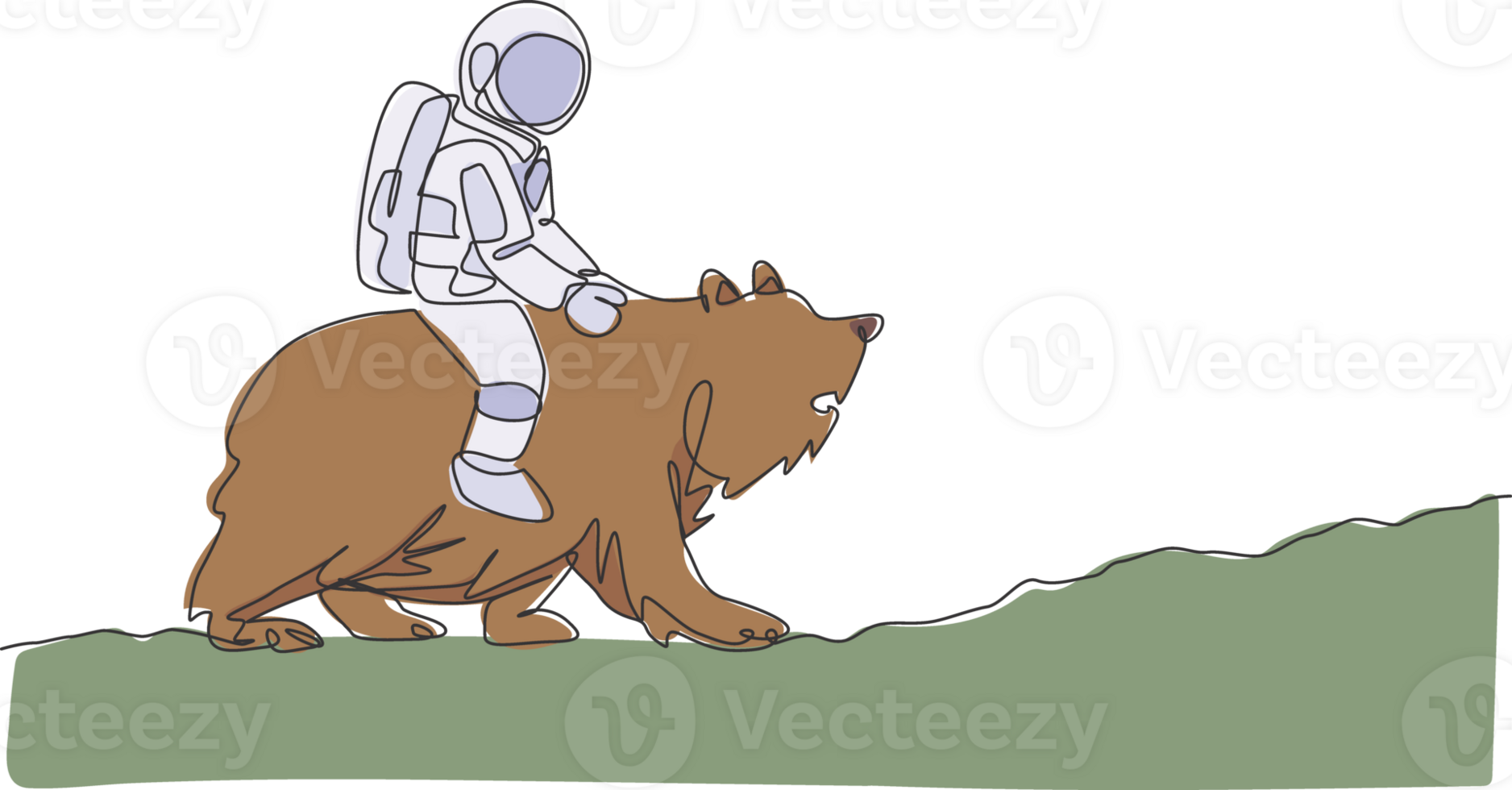 Single continuous line drawing of cosmonaut with spacesuit riding bear, wild animal in moon surface. Fantasy astronaut safari journey concept. Trendy one line draw design graphic illustration png