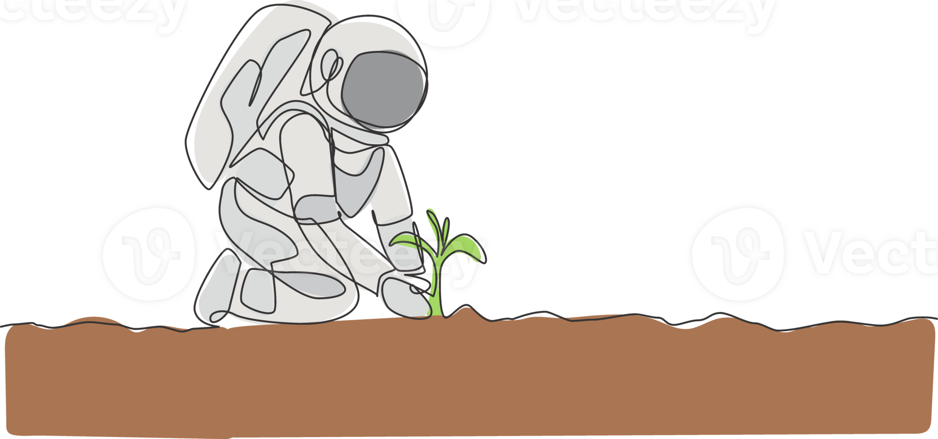 One continuous line drawing of spaceman planting new species tree seed carefully in moon surface. Deep space farming astronaut concept. Dynamic single line draw design graphic illustration png