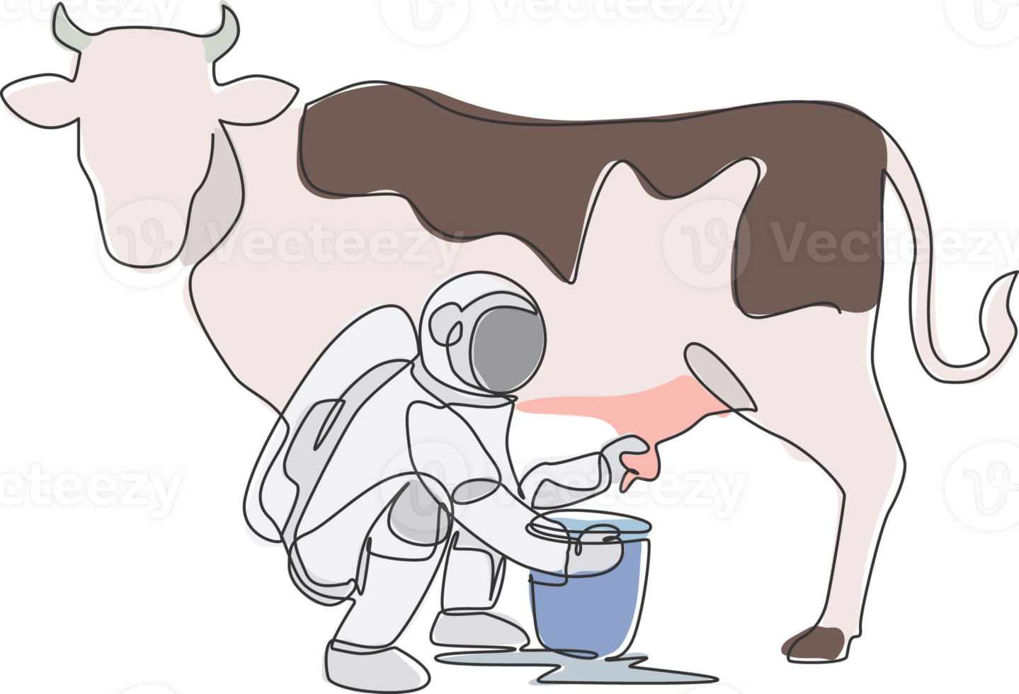 uno continuo linea disegno di astronauta astronauta tozzo giù mungitura mucca e mettere in latte può secchio nel Luna superficie. in profondità spazio agricoltura astronauta concetto. singolo linea disegnare design illustrazione png