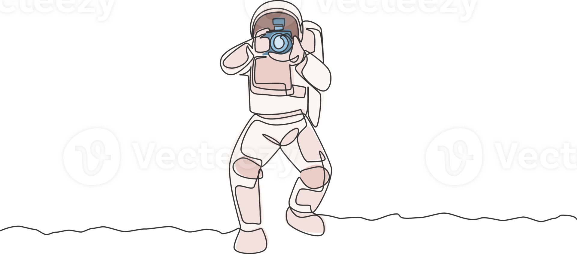Single continuous line drawing astronaut doing photography with dslr camera in moon surface. Having fun in leisure time on outer space concept. Trendy one line draw design illustration graphic png