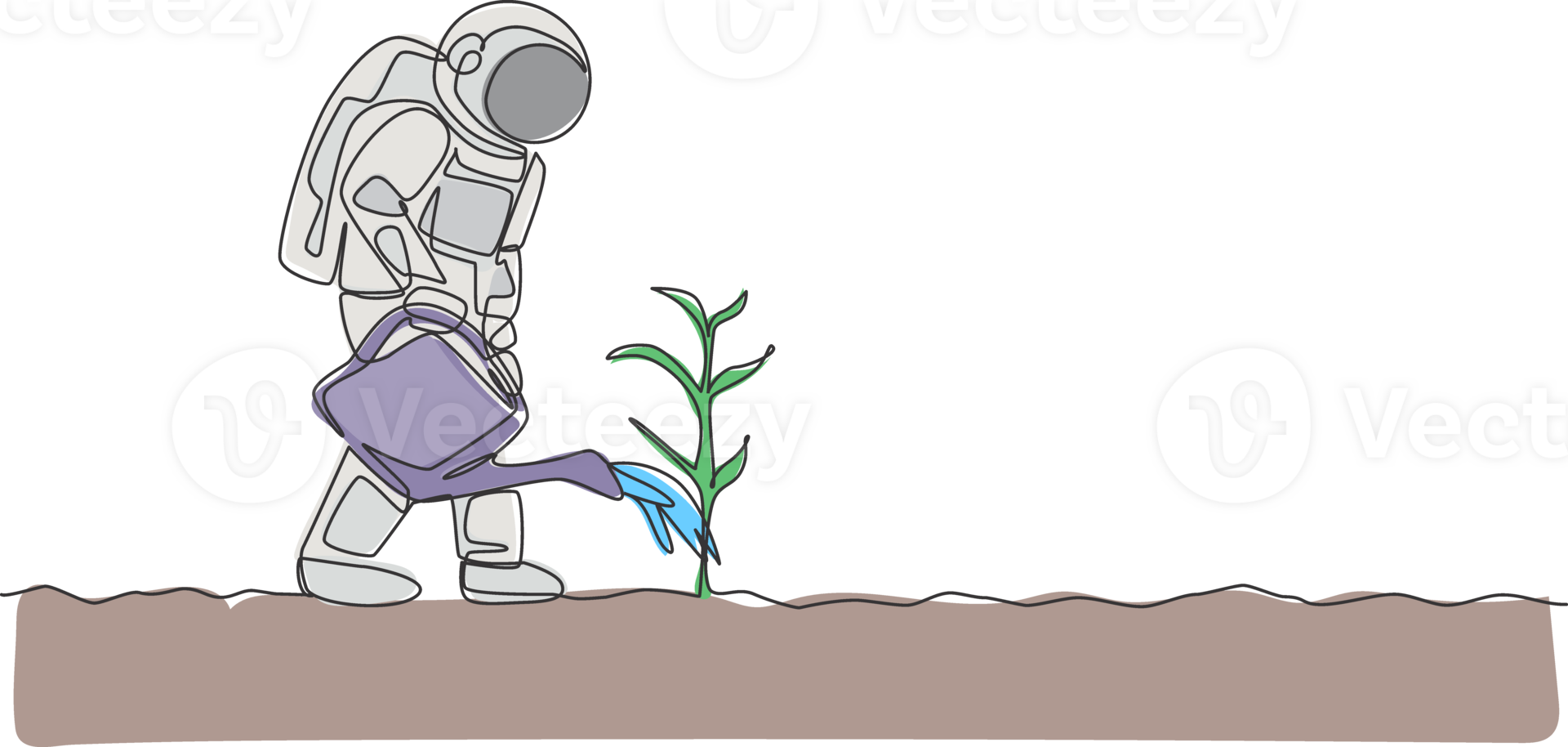 Single continuous line drawing cosmonaut watering plant tree using plastic watering can in moon surface. Galaxy astronaut farming life concept. Trendy one line draw design graphic illustration png
