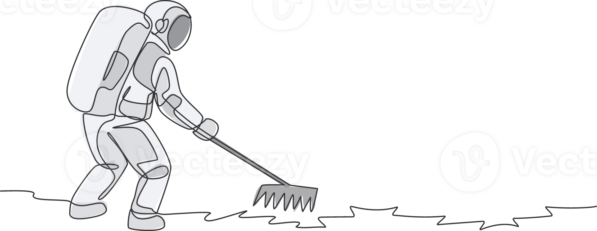 One continuous line drawing of spaceman leveling and flattening land using metal rake in moon surface. Deep space farming astronaut concept. Dynamic single line draw design illustration graphic png