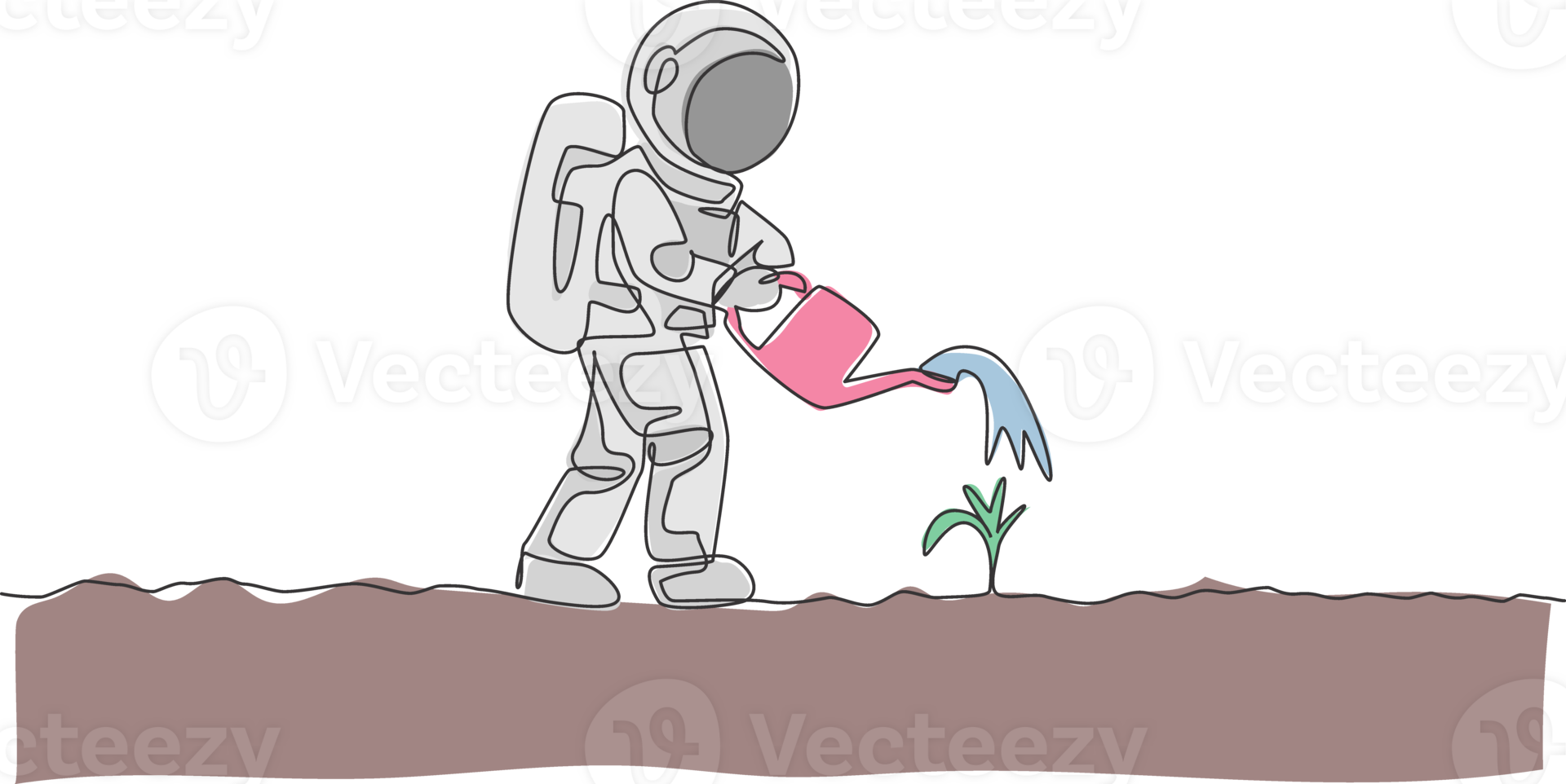 One continuous line drawing of spaceman watering plant tree using metal watering can in moon surface. Deep space farming astronaut concept. Dynamic single line draw graphic design illustration png