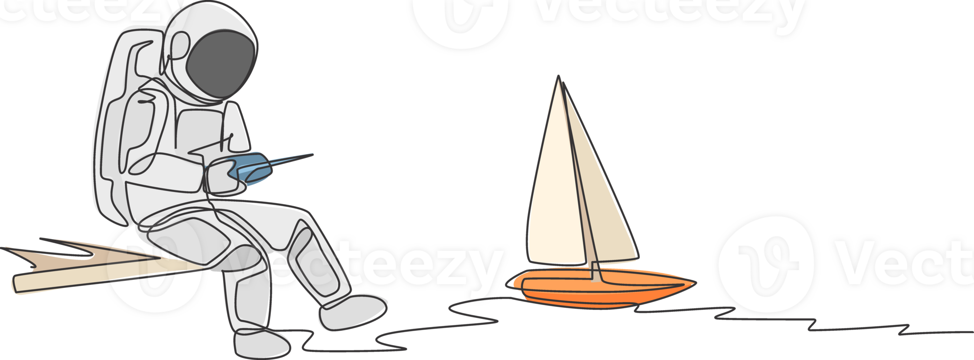 One continuous line drawing of astronaut playing sailboat radio control in moon cosmic galaxy. Outer space hobby and lifestyle concept. Dynamic single line draw graphic design illustration png