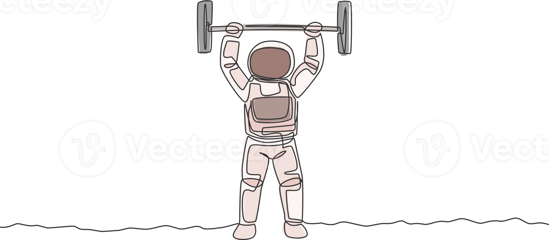 Single continuous line drawing of muscular astronaut train lifting barbell in moon surface. Bodybuilding in leisure time on outer space concept. Trendy one line draw graphic design illustration png