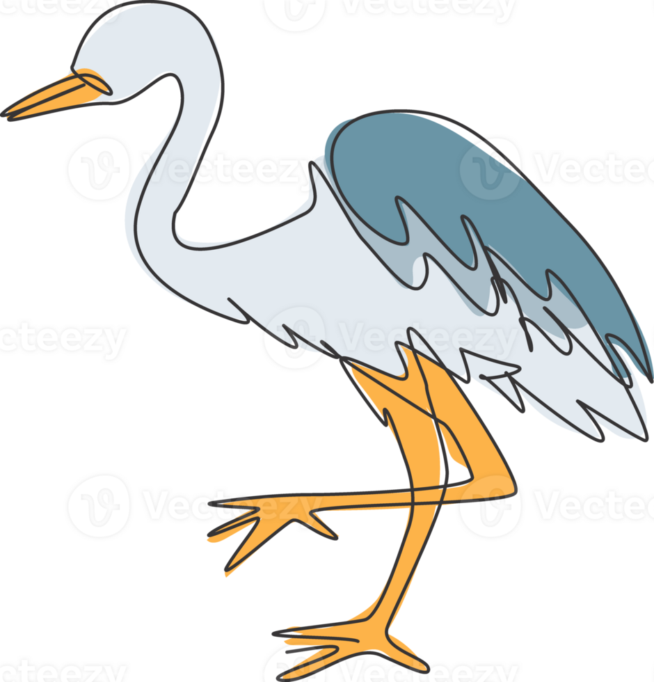 One single line drawing of cute heron bird illustration. Protected species national park conservation. Safari zoo concept. Modern continuous line graphic draw design png
