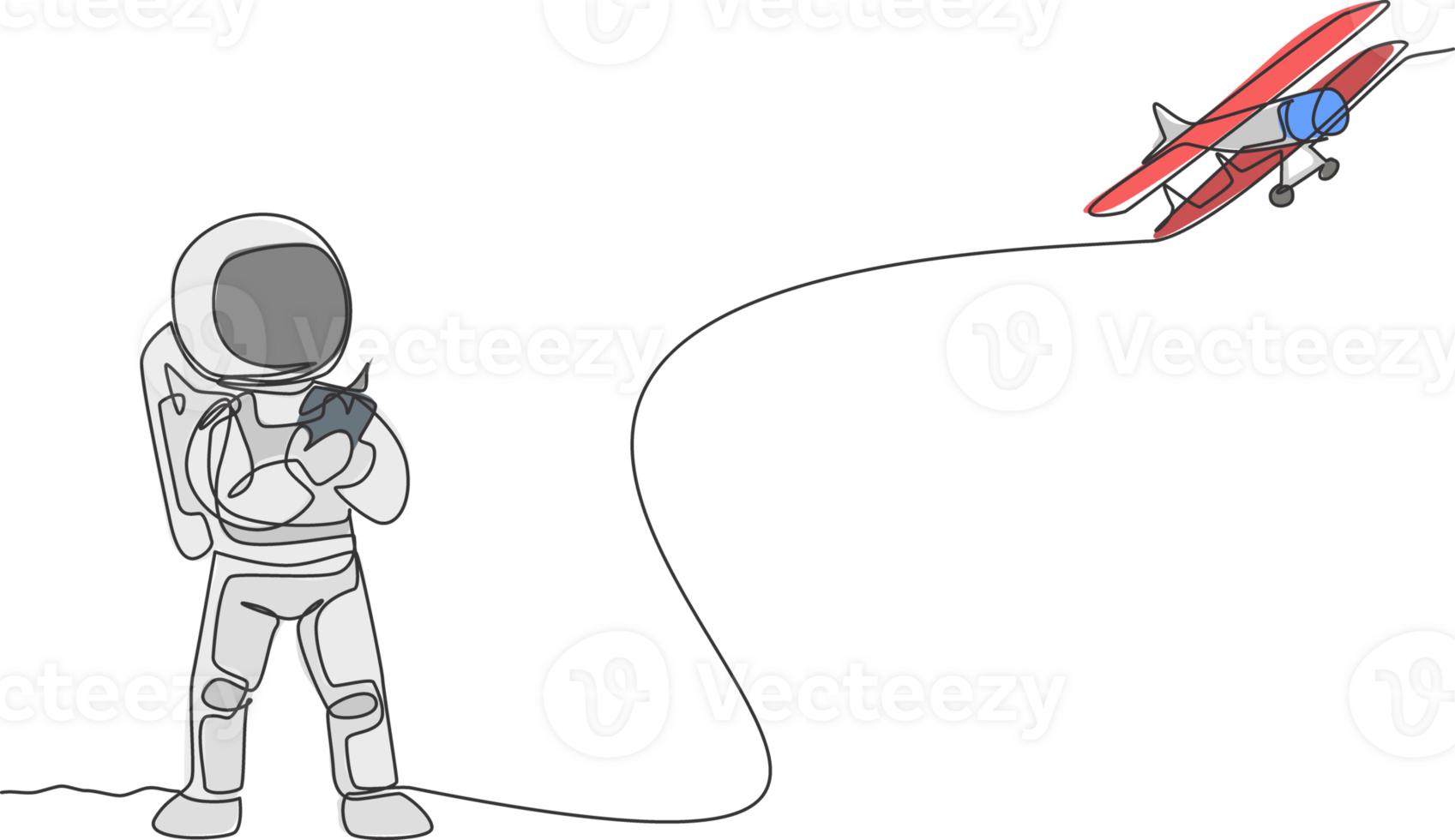 een single lijn tekening van astronaut spelen vliegtuig radio controle in maan land- grafisch illustratie. aan het doen hobby terwijl vrije tijd tijd in diep ruimte concept. modern doorlopend lijn trek ontwerp png