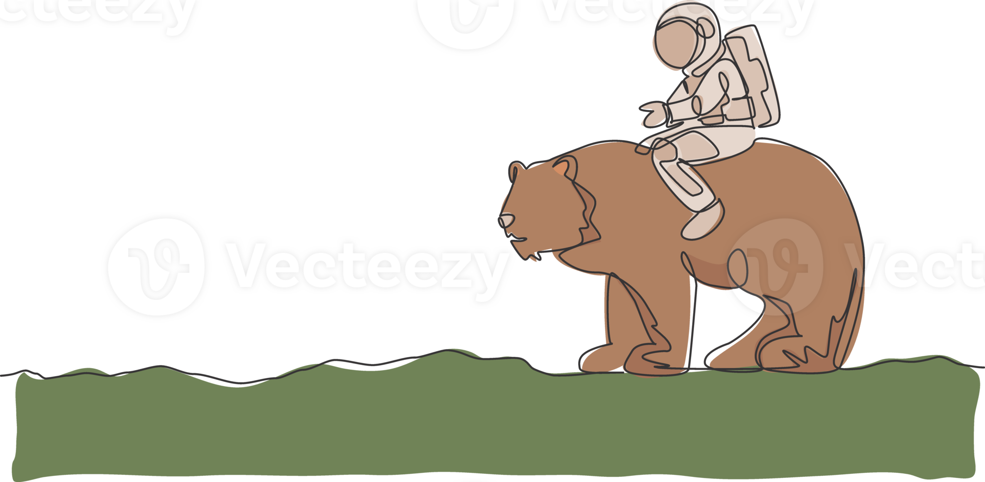 One single line drawing of astronaut riding bear, wild animal in moon surface graphic illustration. Cosmonaut safari journey concept. Modern continuous line draw design png