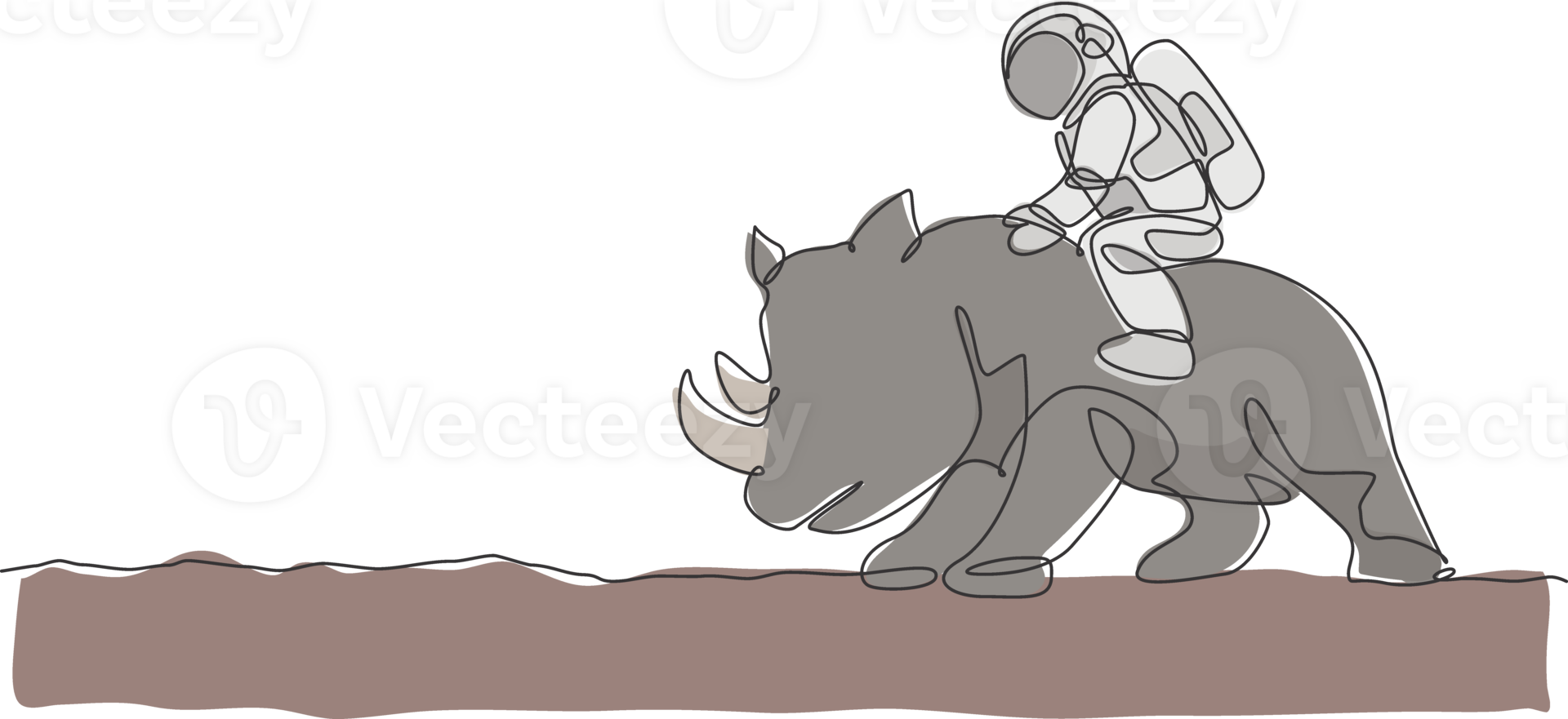 One continuous line drawing of spaceman take a walk riding a rhinoceros, wild animal in moon surface. Deep space safari journey concept. Dynamic single line draw graphic design illustration png