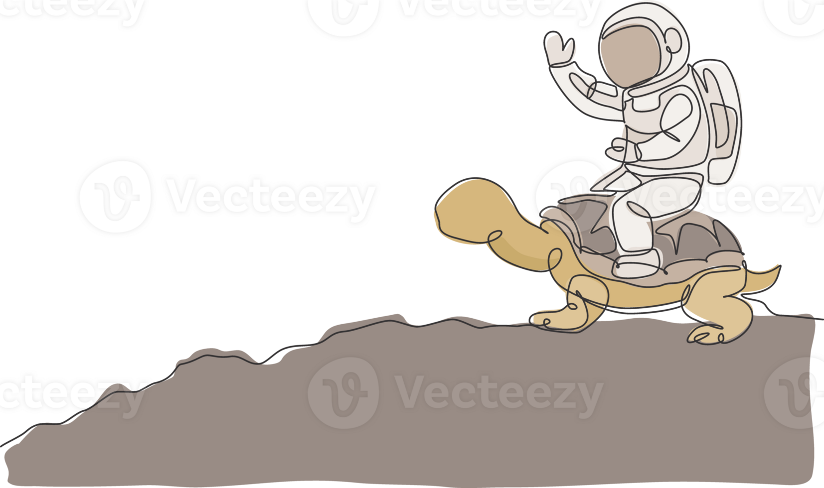 One continuous line drawing of spaceman take a walk riding a tortoise and waving hand in moon surface. Deep space safari journey concept. Dynamic single line draw design illustration graphic png