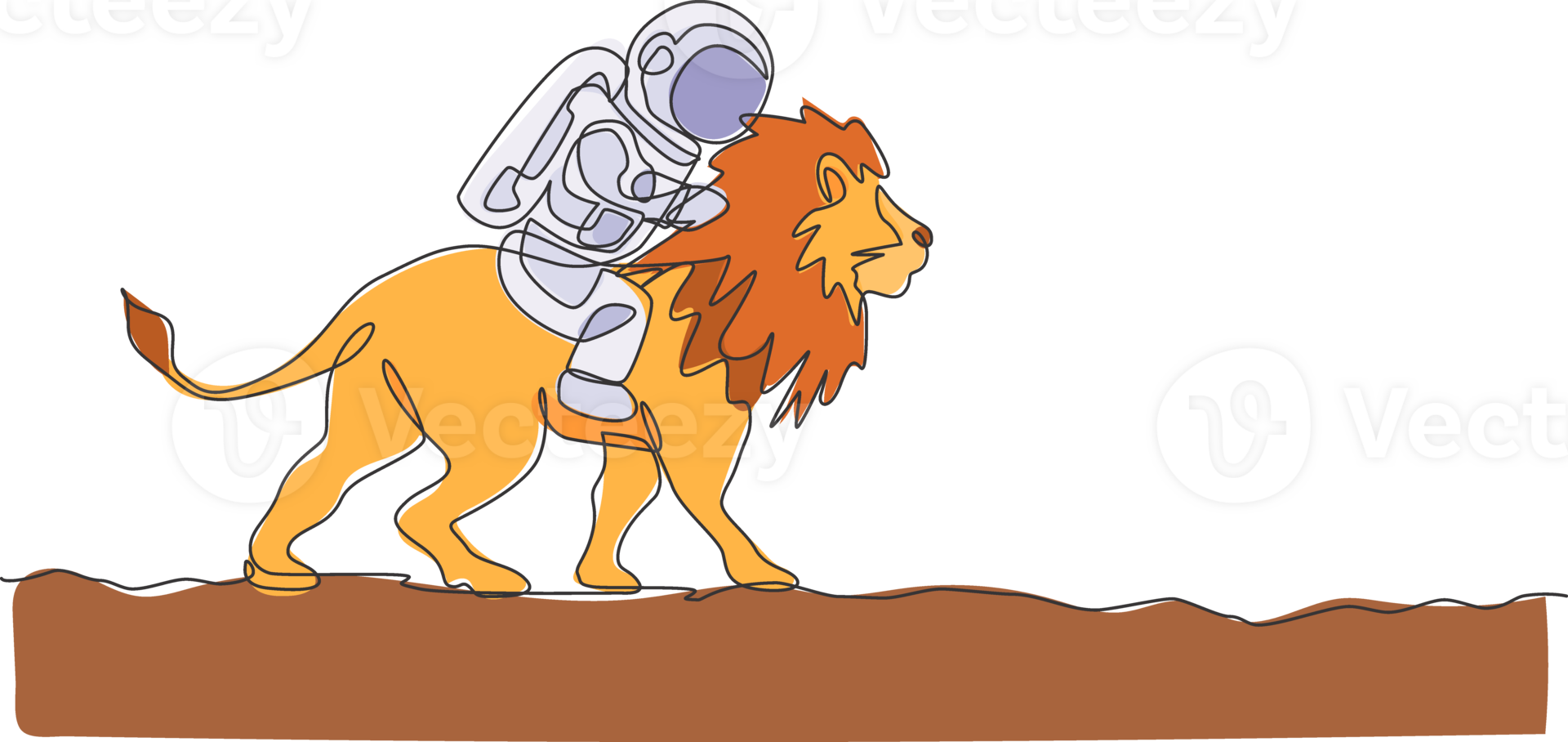 Single continuous line drawing of cosmonaut with spacesuit riding lion, wild animal in moon surface. Fantasy astronaut safari journey concept. Trendy one line draw graphic design illustration png