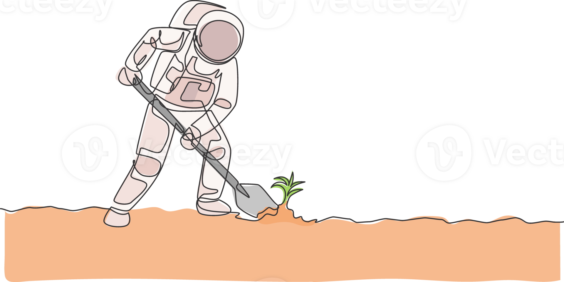 One single line drawing of astronaut digging up soil using metal shovel in moon surface graphic illustration. Outer space farming concept. Modern continuous line draw design png
