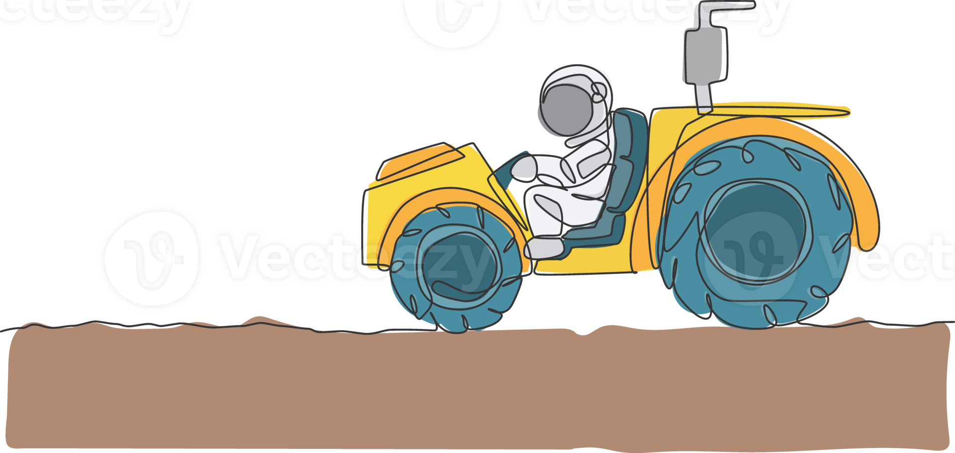 One single line drawing of astronaut riding tractor to leveling and flattening the ground in moon surface illustration. Outer space farming concept. Modern continuous line graphic draw design png